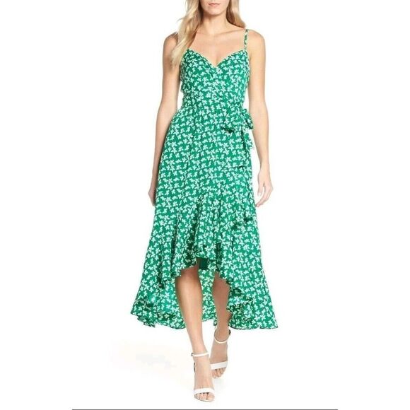 ELIZA J Green White Floral Print Plus Size 18 High/Low Faux Wrap Midi Dress - Picture 1 of 11
